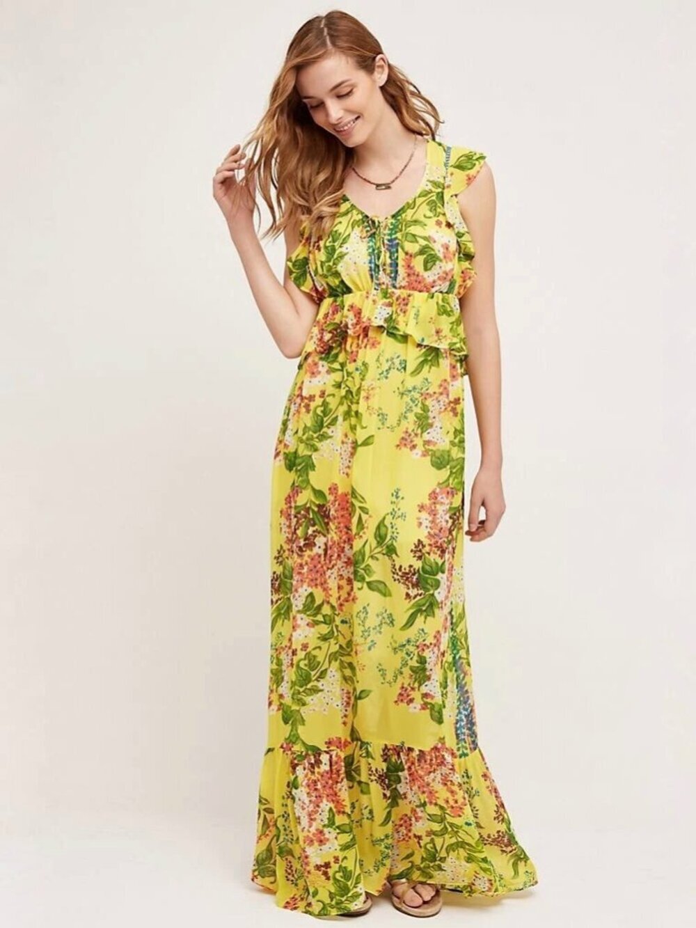 Anthropologie PLENTY BY TRACY REESE Sungrove Yellow Floral Maxi Dress, Size S